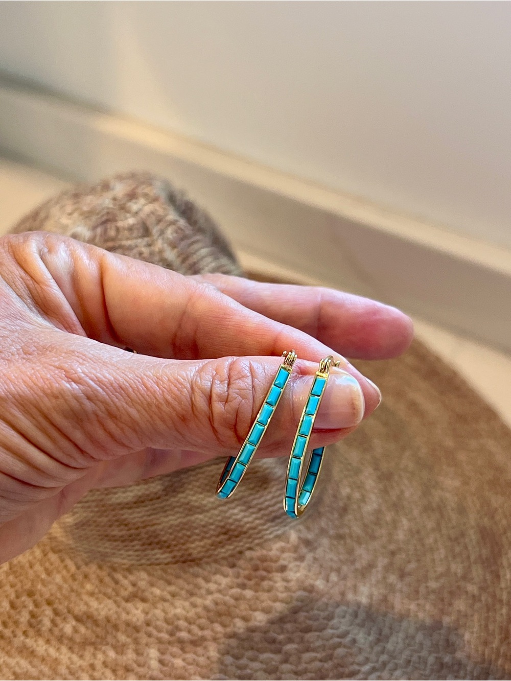 Gold Hoop Earrings with Turquoise Inlay